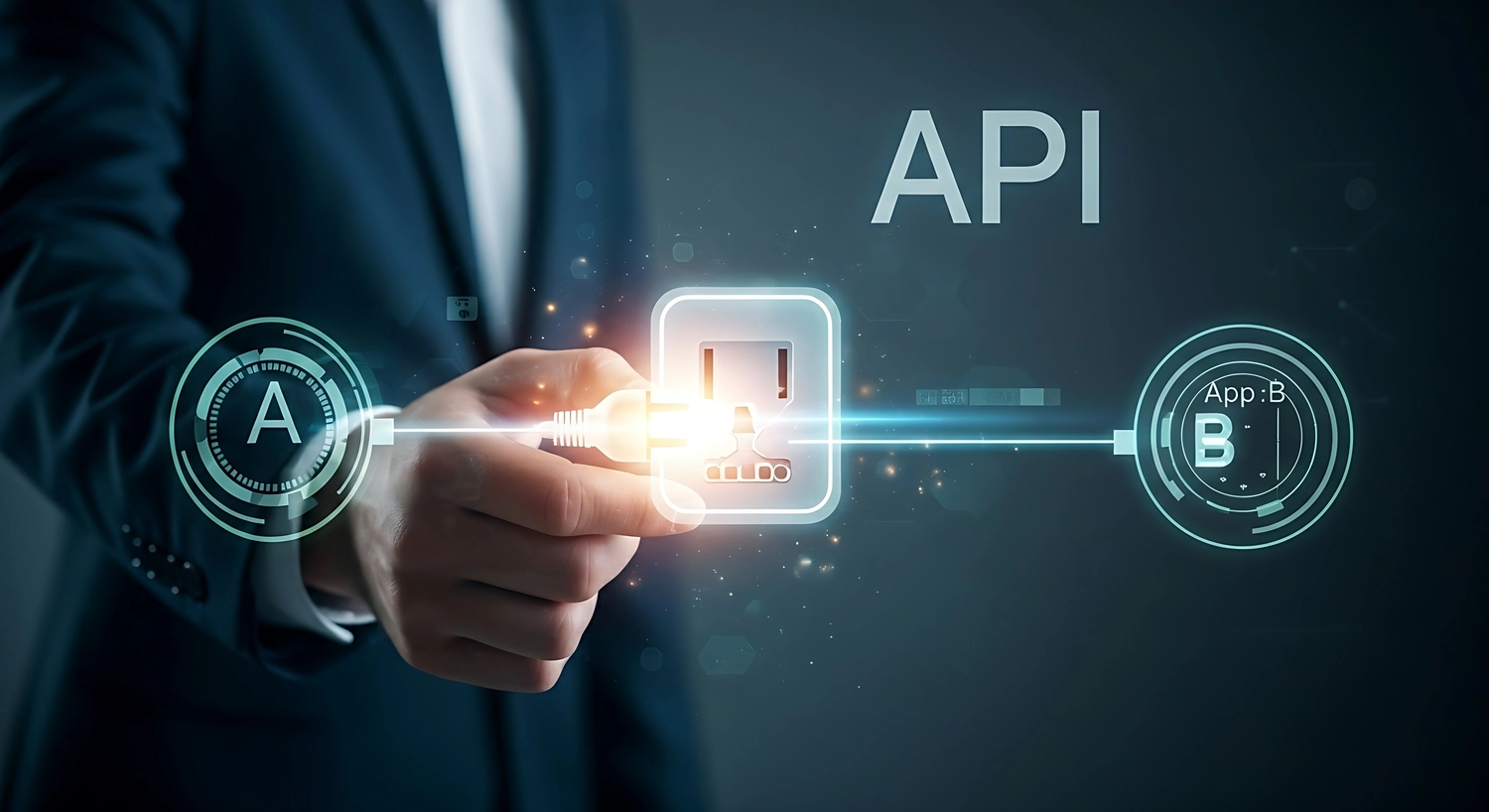 HZ Loop - Tauschapp mit KI - API-Verbindungskonzept. Eine Hand verbindet einen Lampenstecker (App A) mit einer Lampenfassung (App B) und erzeugt so eine leuchtende Verbindung, wobei der Text „API“ sichtbar ist.